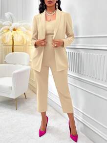 Zolique Solid Wide Straps Top & Pants & Blazer - Apricot - View 6