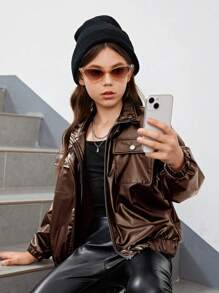 SHEIN Tween Girl Flap Pocket Drop Shoulder PU Leather Jacket - Chocolate Brown - View 3