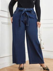 SHEIN LUNE Plus High Waist Belted Wide Leg Jeans - Blue - View 6