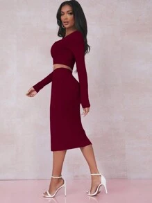 EURMUSE Solid Crop Tee & Split Thigh Skirt - Burgundy - View 4