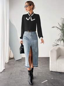 SHEIN Privé Camisa Con Cuello Anudado Y Ribete En Contraste - Negro - Ver 5