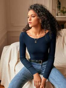 SHEIN Frenchy Contrast Lace Back Scoop Neck Tee - Navy Blue - View 2