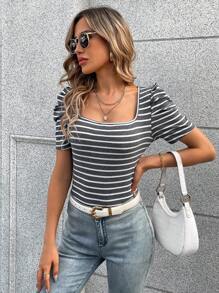 SHEIN LUNE Striped Print Puff Sleeve Tee - Dark Grey - View 4