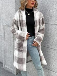 SHEIN LUNE Họa tiết kẻ sọc trâu Túi Kép áo có mũ Áo khoác Teddy - Xám - Xem 5