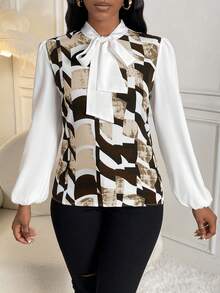 SHEIN Lady Geo Print Tie Neck Lantern Sleeve Blouse - Multicolor - View 4