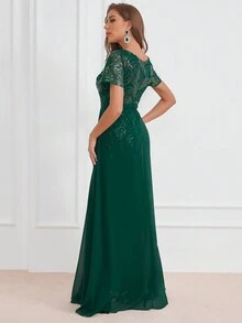 網紗覆蓋亮片正式洋裝 - 墨綠色 - 查看 2