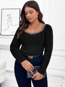 SHEIN Clasi Hơn Ngọc trai đính cườm Scoop Cổ Áo len - màu đen - Xem 4