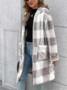 SHEIN LUNE Họa tiết kẻ sọc trâu Túi Kép áo có mũ Áo khoác Teddy - Xám - Xem 3