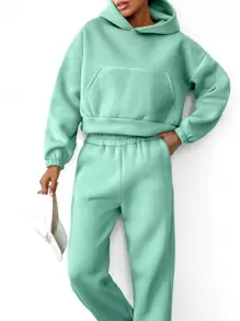 RueChic Kangaroo Pocket Drop Shoulder Hoodie & Sweatpants - Mint Green - View 4