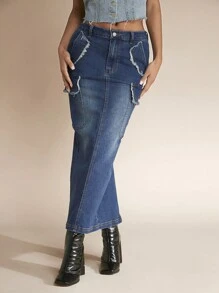 SHEIN BAE Jupe En Jean Ourlet Effiloché Poche À Rabat
