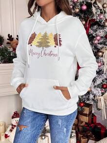 SHEIN Frenchy 聖誕圖案落肩袖抽繩連帽衫 - 白色 - 查看 5