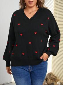 SHEIN Frenchy Women's Plus Size Heart Embroidery V-neck Drop Shoulder Sweater - Black - View 3