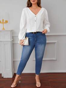 SHEIN Frenchy Hơn Lỗ gắn thêu Tay áo lồng đèn Nút phía trước Áo sơ mi - trắng - Xem 3