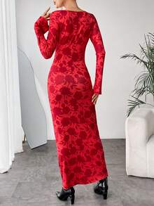 SHEIN Privé Floral Print Flounce Sleeve Bodycon Dress - Red - View 2