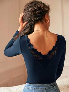 SHEIN Frenchy Contrast Lace Back Scoop Neck Tee - Navy Blue - View 5