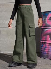 SHEIN Tween Girl Flap Pocket Side Cargo Pants - Army Green - View 4