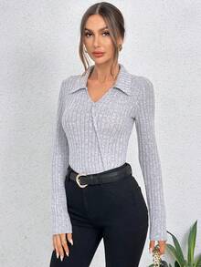 SHEIN Essnce 净色罗纹针织 T 恤 - 灰色 - 查看 3