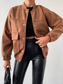 EURMUSE Flap Pocket Drop Shoulder Bomber Jacket - Camel - View 4