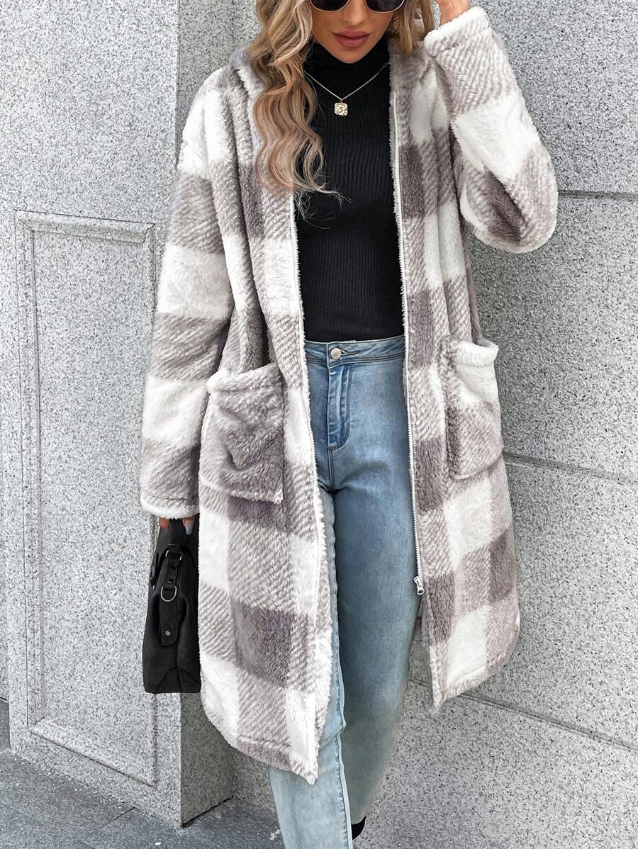 SHEIN LUNE Họa tiết kẻ sọc trâu Túi Kép áo có mũ Áo khoác Teddy - Xám - Xem 1