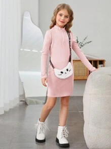 SHEIN 女大童小高領半拉鏈緊身洋裝附包 - 藕粉色 - 查看 4
