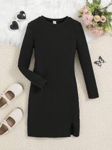 SHEIN Leap Crew Cô gái Tween Chất rắn Đồ đan Ribbed Viền chia cắt Đầm - màu đen - Xem 1