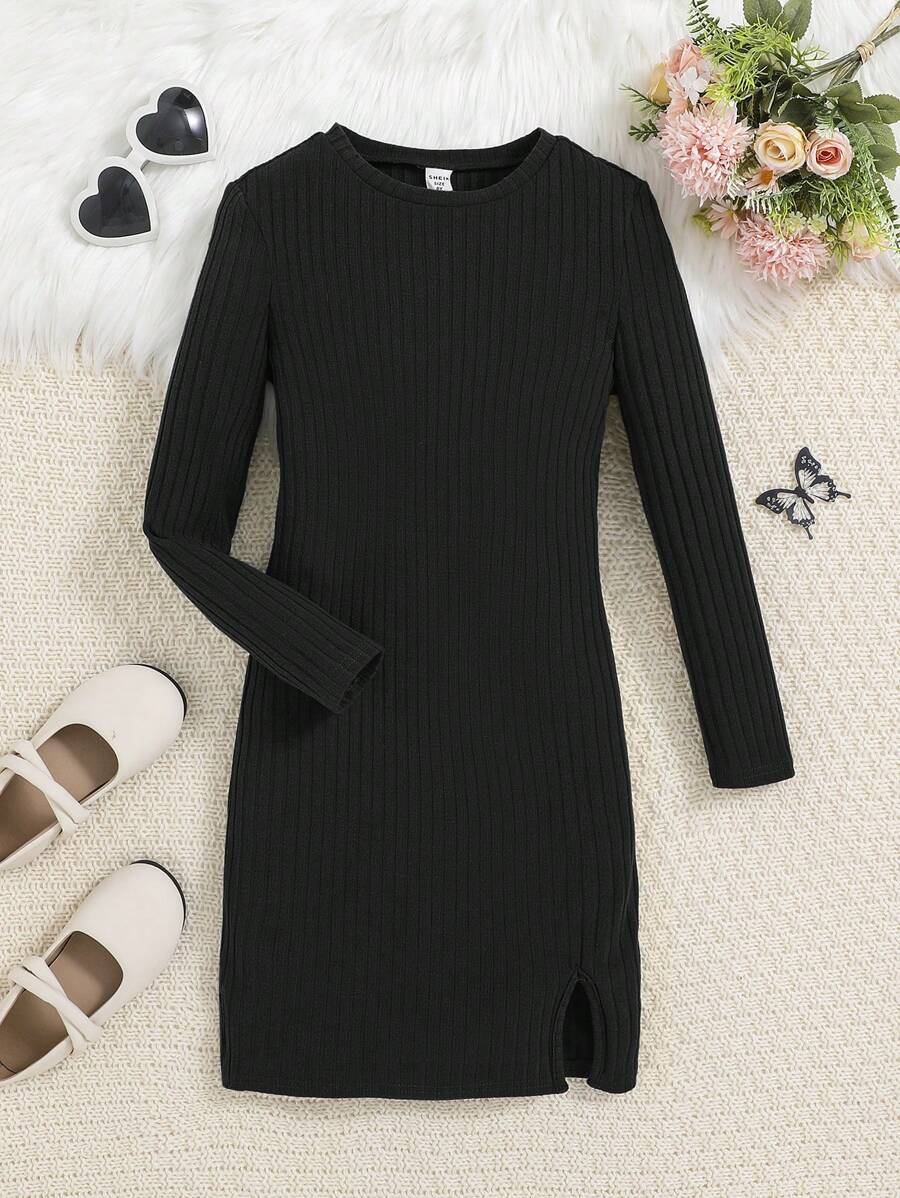 SHEIN Leap Crew Cô gái Tween Chất rắn Đồ đan Ribbed Viền chia cắt Đầm - màu đen - Xem 1