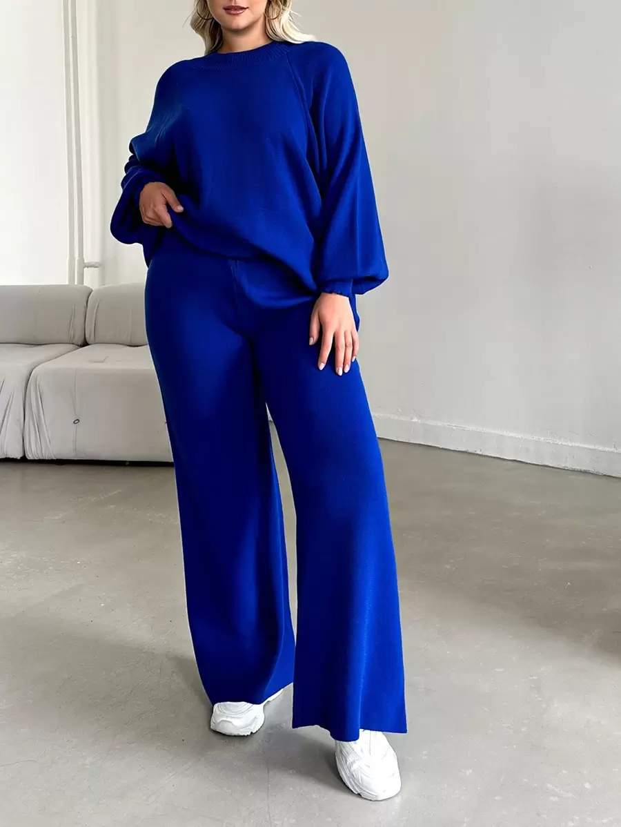 EURMUSE Plus Size Solid Color Raglan Sleeve Sweater And Knitted Pants Set, For Winter - Blue - View 1