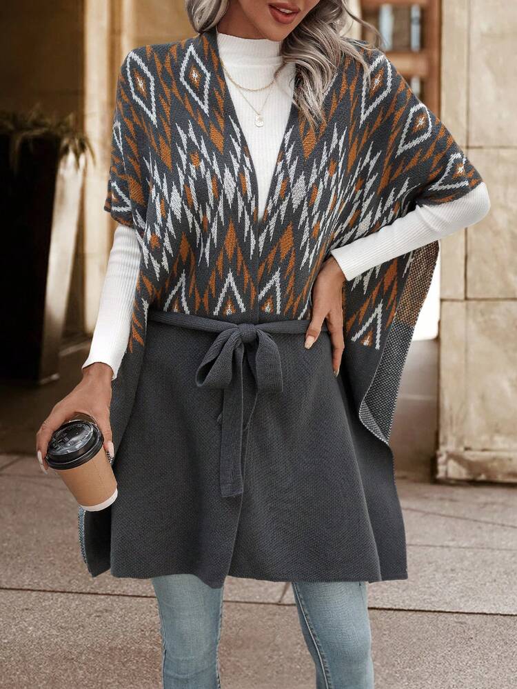 Chevron Pattern Batwing Sleeve Belted Cardigan