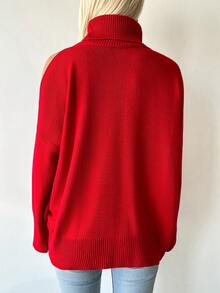 EURMUSE Turtleneck Cut Out Drop Shoulder Sweater - Red - View 2