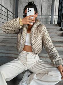 RueChic Allover Print Zip Up Crop Puffer Coat - Beige - View 1