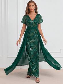 網紗覆蓋亮片正式洋裝 - 墨綠色 - 查看 5