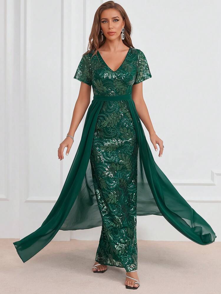 網紗覆蓋亮片正式洋裝 - 墨綠色 - 查看 5