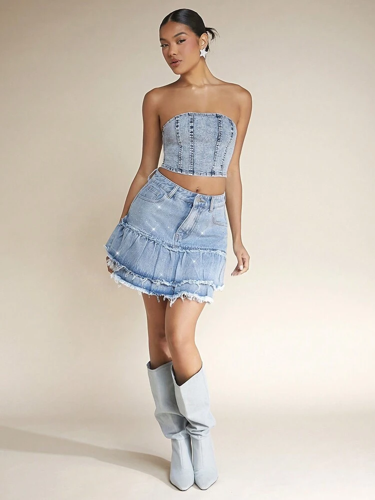 Raw Hem Rhinestone Detail Denim Skirt