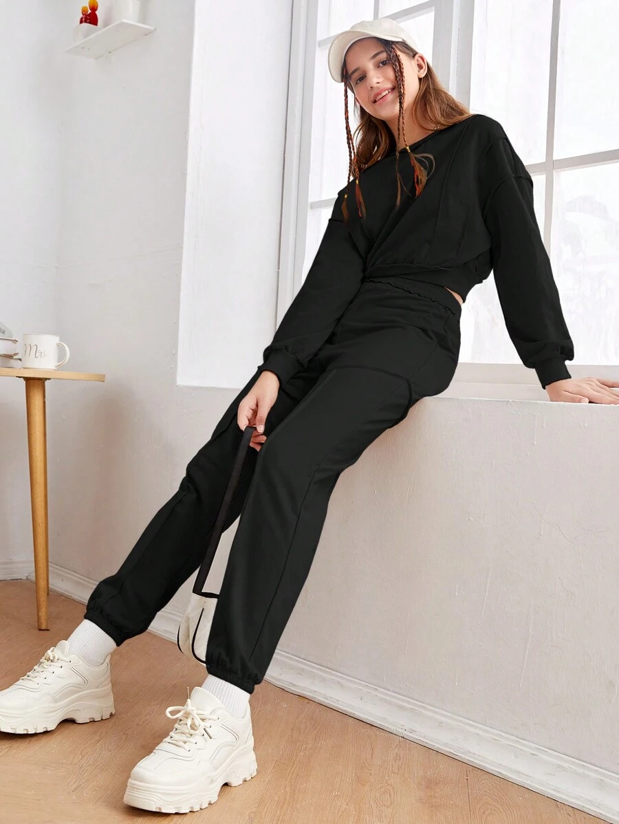 SHEIN 青少年女孩落肩袖連帽衫和運動褲 - 黑色 - 查看 1