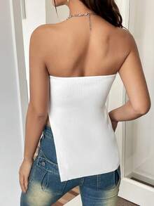 SHEIN EZwear Solid Split Hem Tube Knit Top - White - View 2
