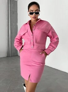 EURMUSE Flap Pocket Drop Shoulder Denim Jacket & Split Hem Skirt - Pink - View 4