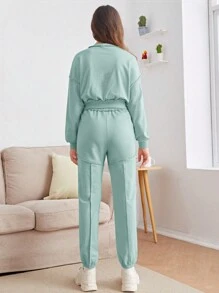 SHEIN Teen Girl Drop Shoulder Pullover & Sweatpants - Mint Green - View 2