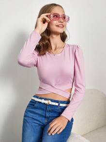 RueChic Tween Girl Solid Crisscross Cut Out Hem Tee - Lilac Purple - View 1