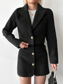 SHEIN Cottnline 尖領剪裁長袖修身西裝外套,單排扣迷你裙女裝套裝 - 黑色 - 查看 4