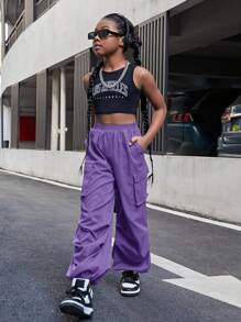 SHEIN 十幾歲女孩休閒實色斜紋運動褲，帶束口褶邊踝和帶蓋口口袋 - 紫色 - 查看 4