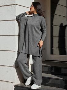SHEIN Cottnline Mock Neck Batwing Sleeve Sweater & Knit Pants - Grey - View 3
