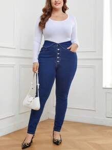 SHEIN Privé Hơn Nút Bay Gập eo Quần jean ôm - Rửa tối - Xem 6