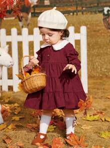 SHEIN Váy Babydoll Ruffle Edge dễ thương cho bé gái, có cổ Peter Pan - Màu Đỏ Sâu - Xem 4