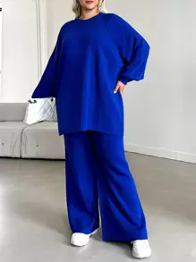 EURMUSE Plus Size Solid Color Raglan Sleeve Sweater And Knitted Pants Set, For Winter - Blue - View 5