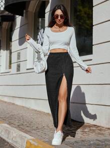 SHEIN Cottnline Zip Side Split Thigh Skirt - Black - View 3