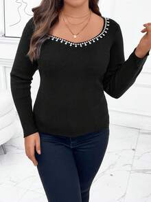SHEIN Clasi Hơn Ngọc trai đính cườm Scoop Cổ Áo len - màu đen - Xem 3