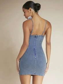 SHEIN BAE Zip Back Bodycon Cami Denim Dress - Blue - View 3