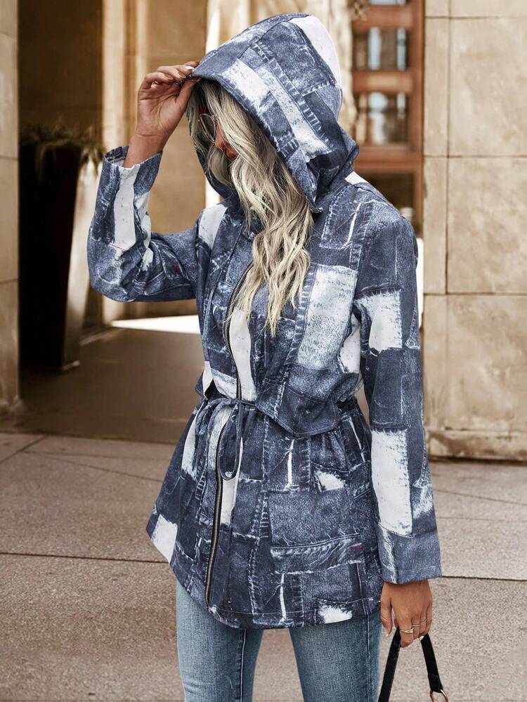 Patchwork Print Zip Up Hooded Coat