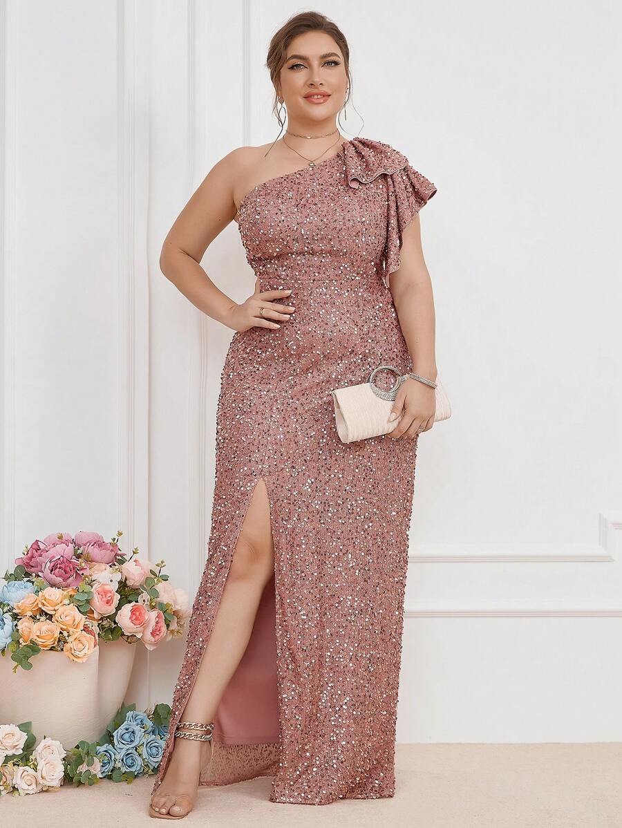 UNITHORSE Plus Asymmetrical Neck Ruffle Trim Split Thigh Sequin Prom Dress Elegant Formal Evening Wedding Guest Gown, For Graduation, Dinner Party Dress - Dusty Pink - View 1