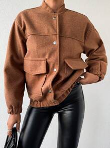 EURMUSE Flap Pocket Drop Shoulder Bomber Jacket - Camel - View 5
